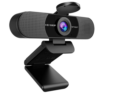 Black webcam with a adjustable stand on a white background