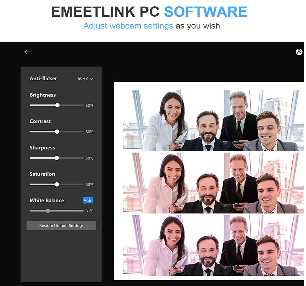 Emeetlink PC software interface with webcam settings and a video call interface.