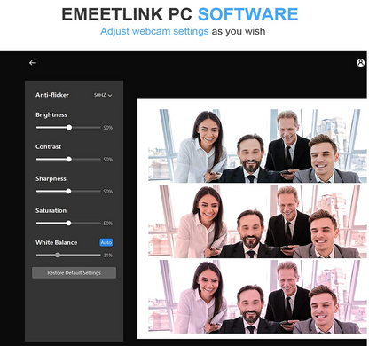 Emeetlink PC software interface with webcam settings and a video call interface.