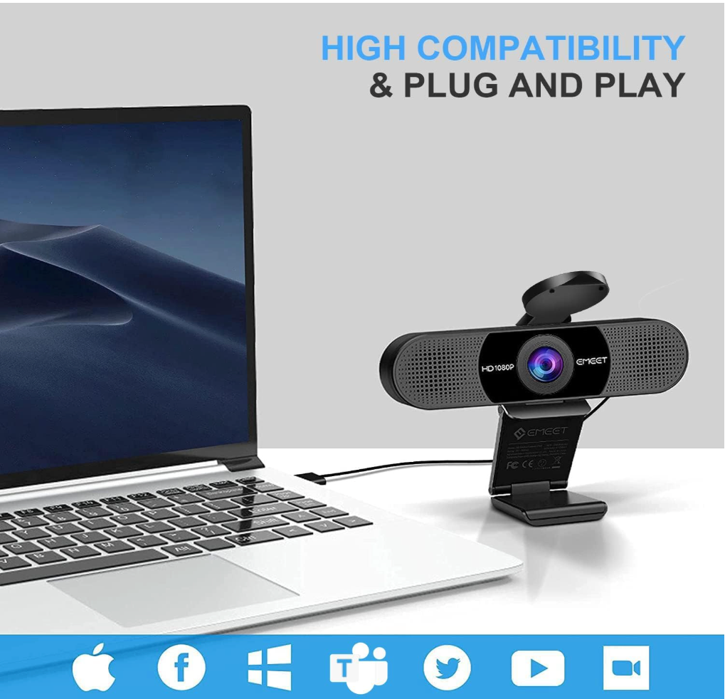 Webcam with laptop on a white background, featuring compatibility logos at the bottom.