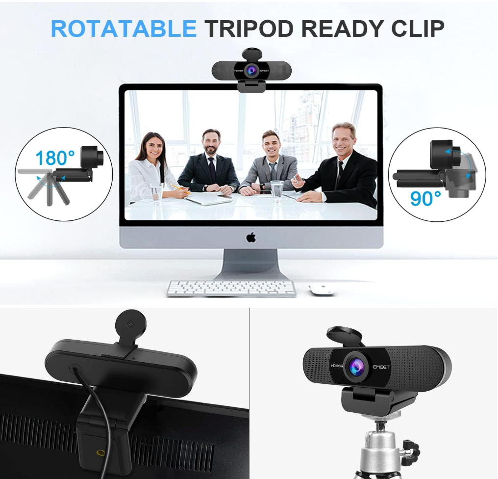 Webcam with rotatable tripod clip on a computer screen, showing a video call interface.