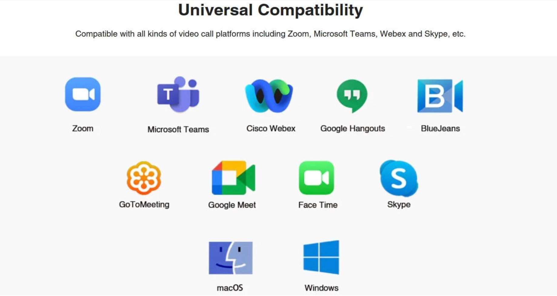 List of video call and meeting platform icons on a white background with text about universal compatibility of webcam by glorytechhub