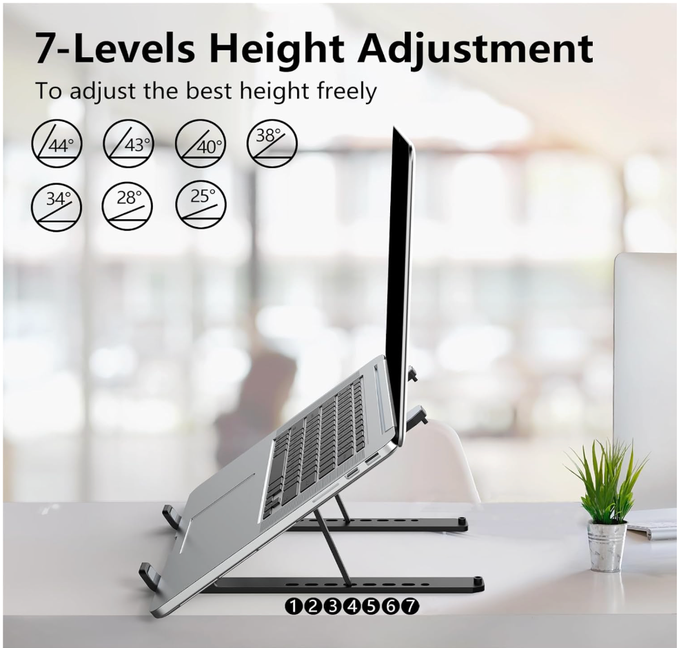 Laptop stand with height adjustment levels on a blurred office background