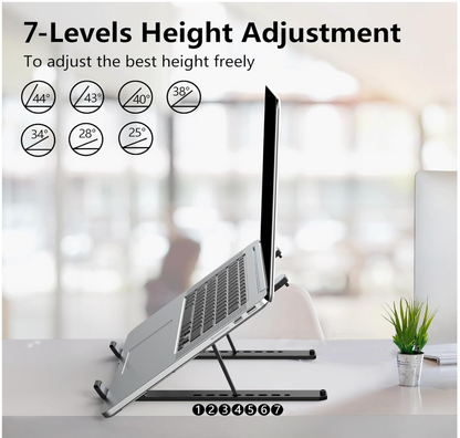 Laptop stand with height adjustment levels on a blurred office background