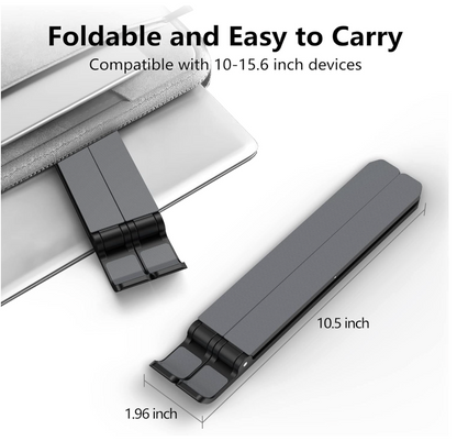 Foldable device stand with text indicating compatibility and dimensions on a white background