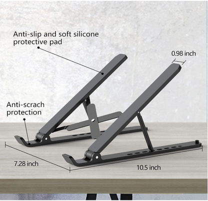 Black adjustable desk stand with measurements and feature labels on a light gray background