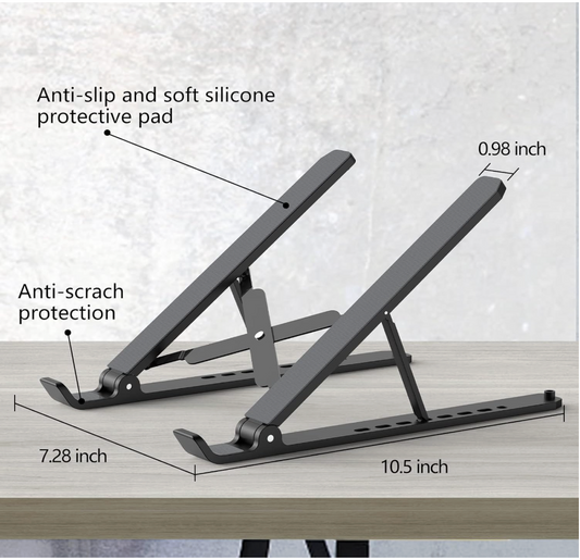 Black adjustable desk stand with measurements and feature labels on a light gray background