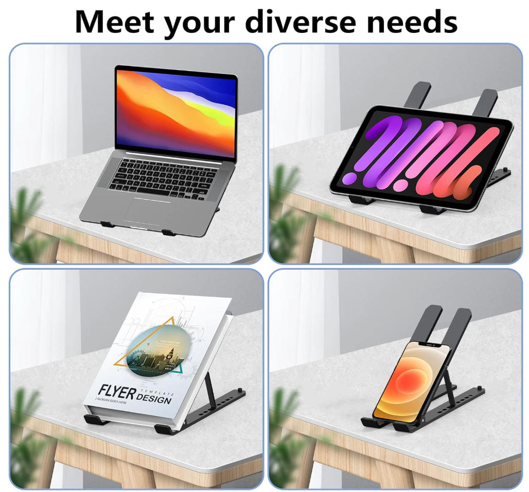 Collage of a multi-device stand supporting a laptop, tablet, book, and phone on a table.