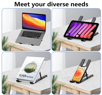 Collage of a multi-device stand supporting a laptop, tablet, book, and phone on a table.