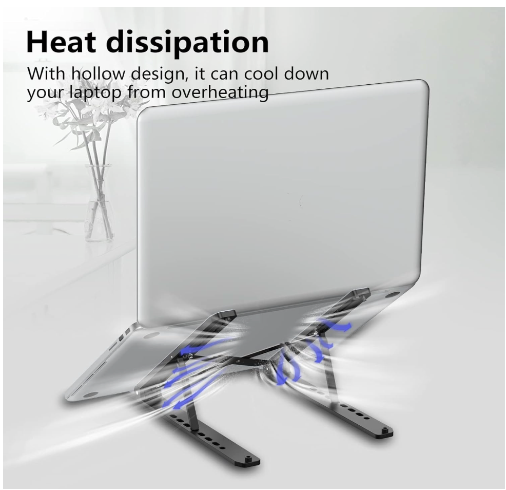 Laptop cooling stand with text on heat dissipation on a white background