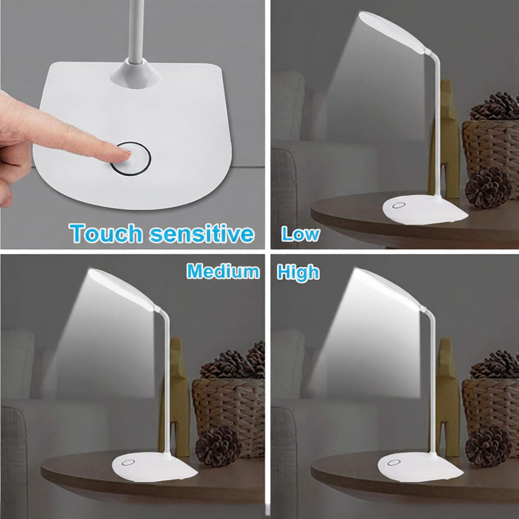 Table lamp with touch control switch demonstrating different light settings in a home setting.