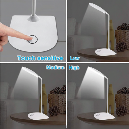 Table lamp with touch control switch demonstrating different light settings in a home setting.