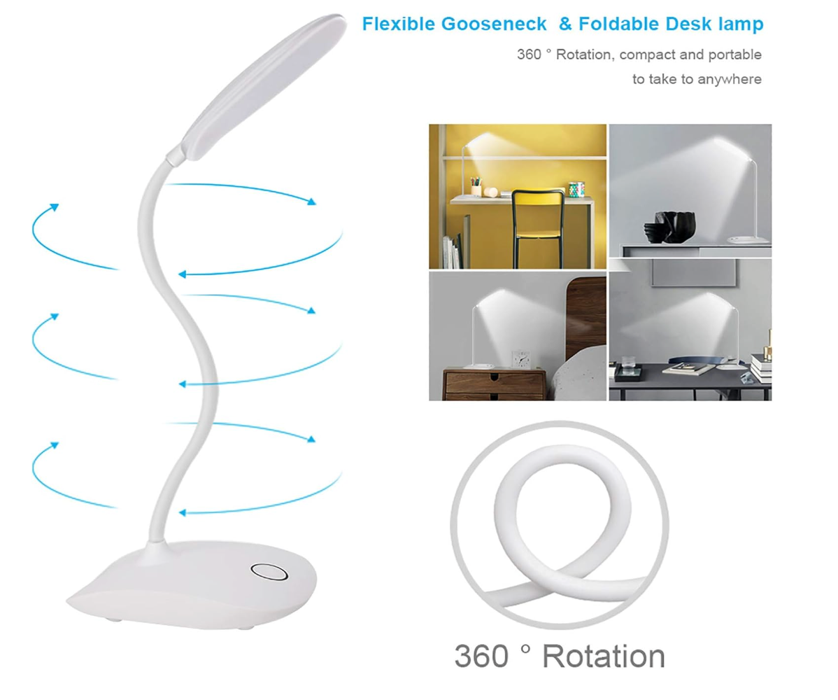 Flexible gooseneck desk lamp with 360-degree rotation feature, shown in various settings.