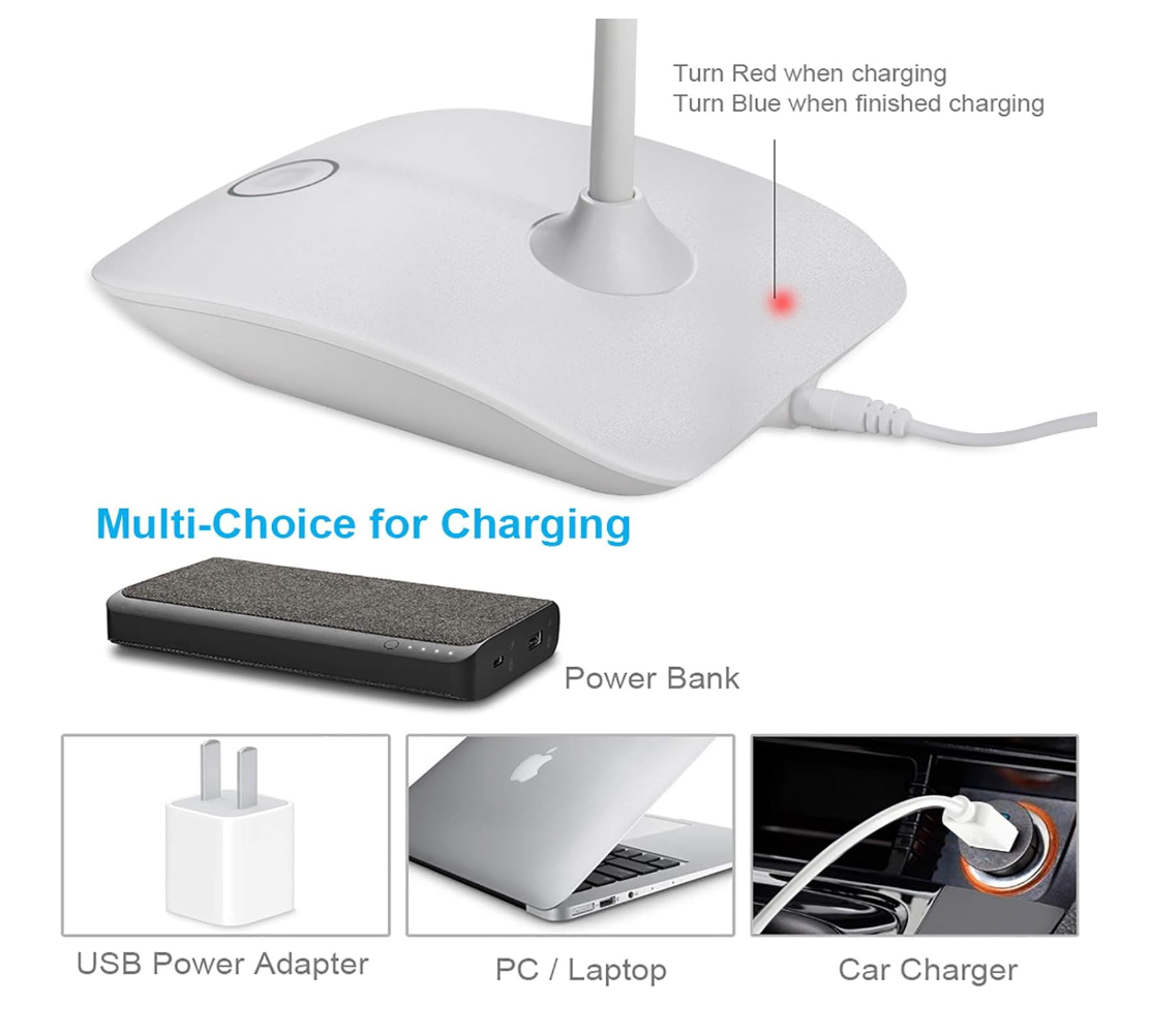 White charging device with USB cable, power bank, and usage scenarios on a white background