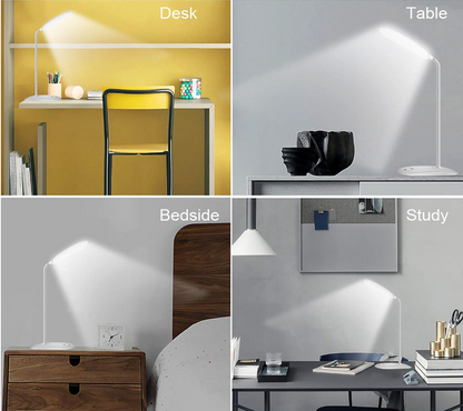 Collage of a desk, table, bedside, and study area with a lamp illuminating each setting.