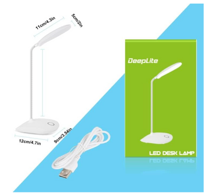 White LED desk lamp with packaging and USB cable on a blue and white background