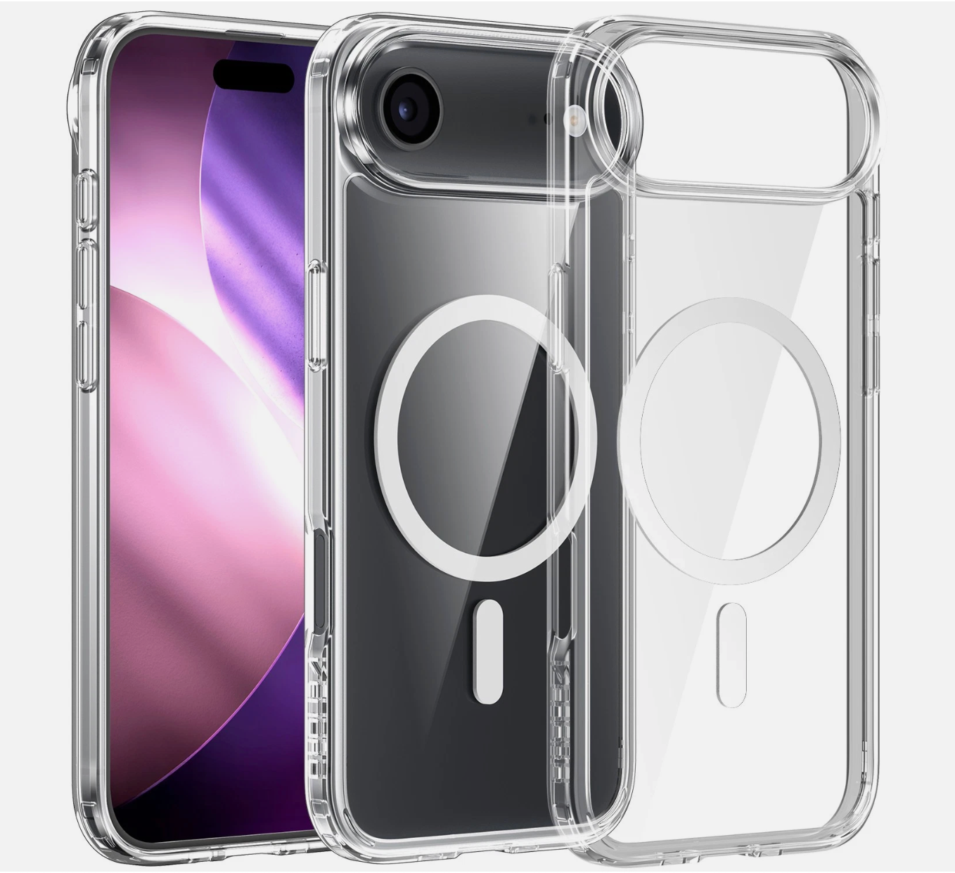 Clear phone case with magnetic ring holder on a white background
