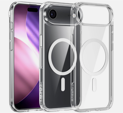 Clear phone case with magnetic ring holder on a white background