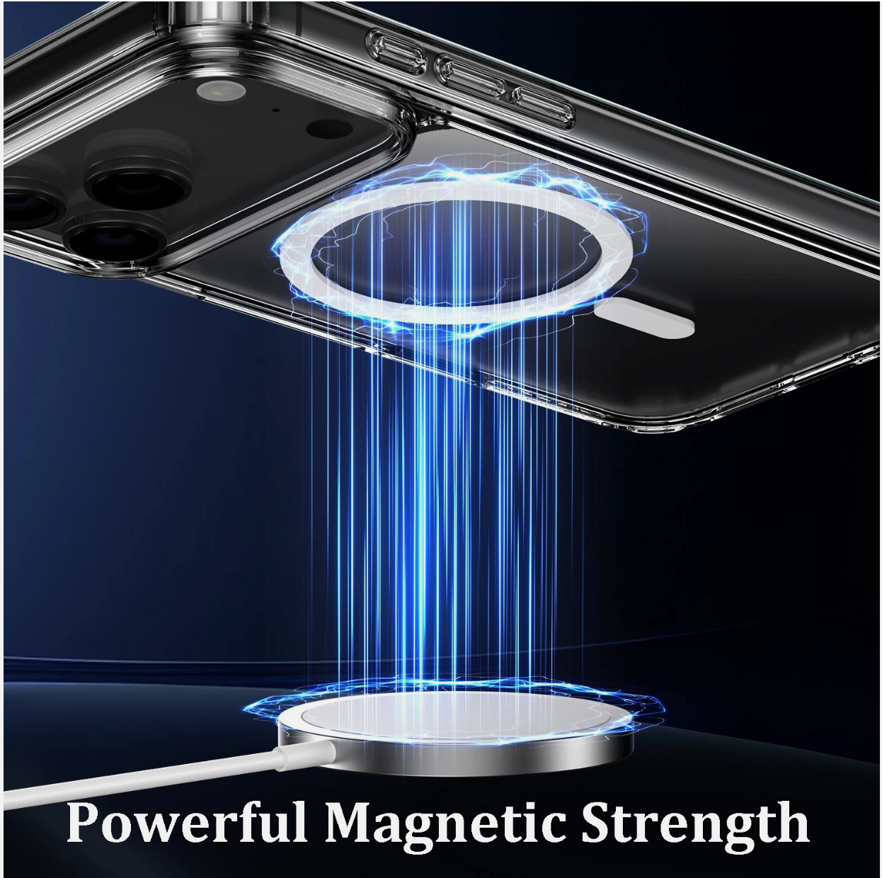 Phone case with magnetic charging pad on a dark background