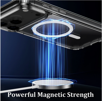 Phone case with magnetic charging pad on a dark background