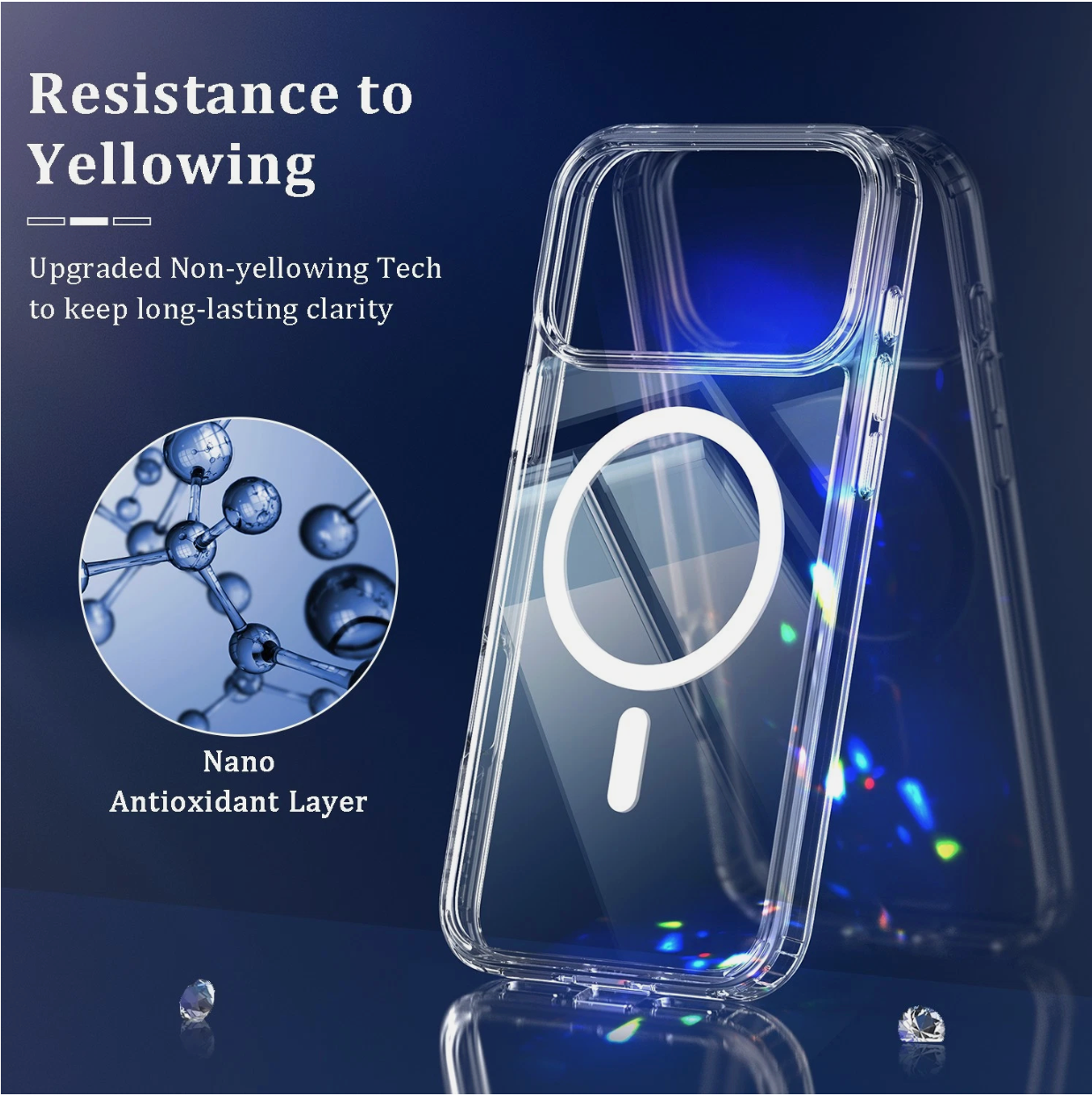 Clear phone case with resistance to yellowing feature and molecular structure illustration on a dark background