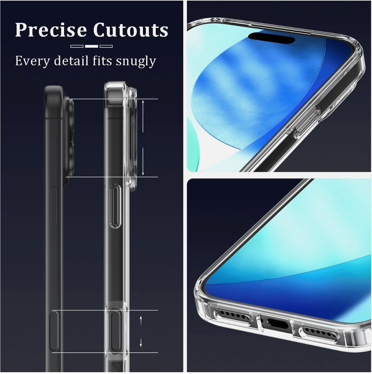 Clear phone case with precise cutouts and detailed design on a black background