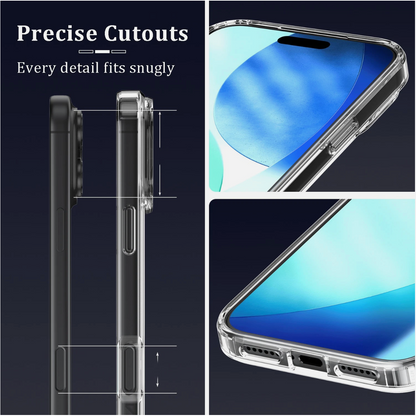 Clear phone case with precise cutouts and detailed design on a black background