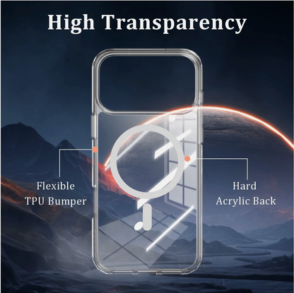 Phone case with high transparency features labeled on a dark background