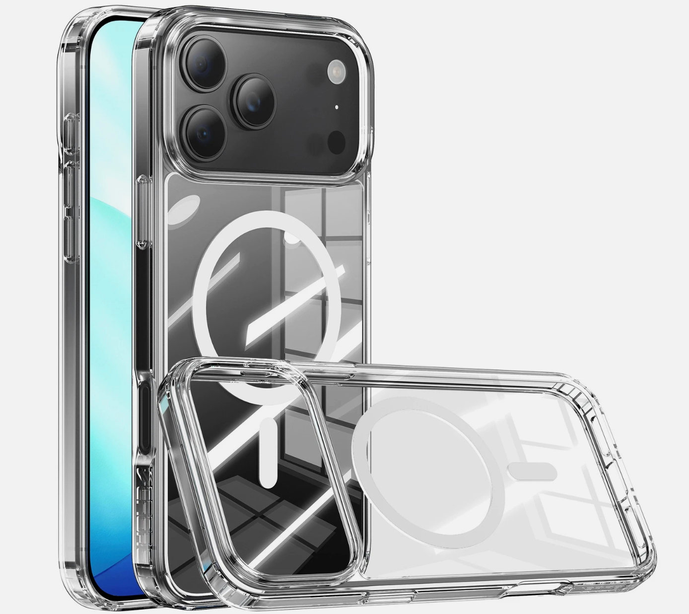 Clear phone case with brand logo on a white background