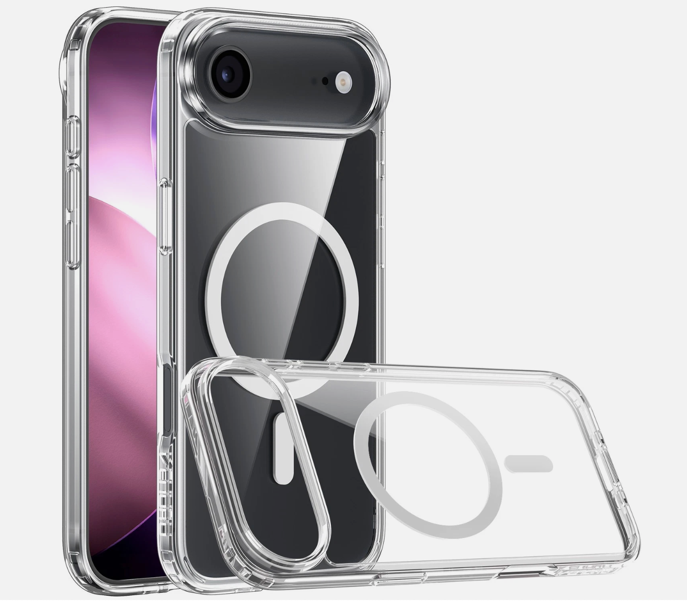 Clear phone case with magnetic ring stand feature on a white background