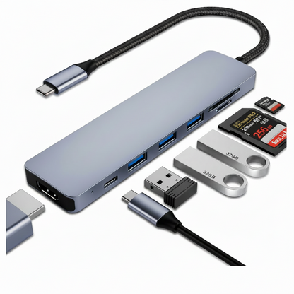 Benfei 7 in 1 USB hub with multiple connectors on a white background