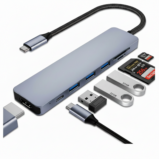 Benfei 7 in 1 USB hub with multiple connectors on a white background