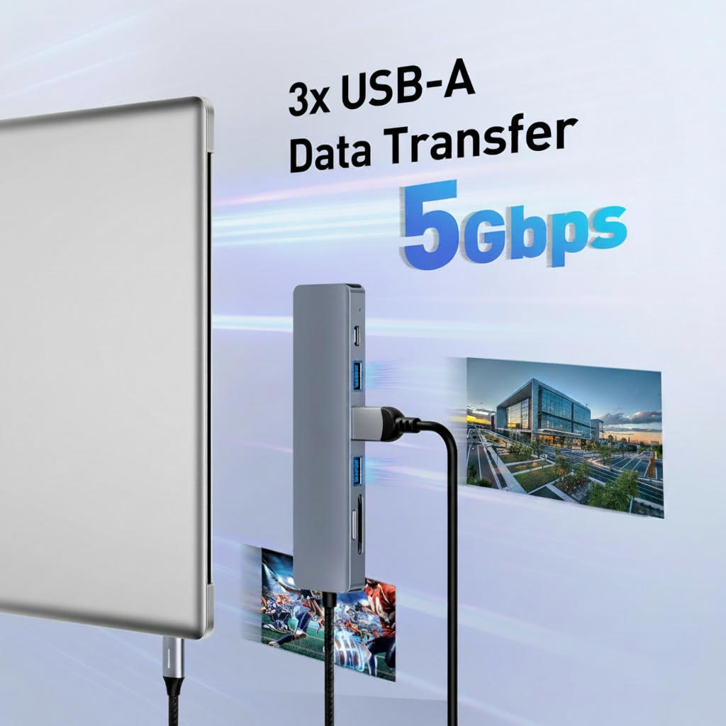 USB hub with multiple ports and '3x USB-A Data Transfer 5Gbps' text on a light blue background.