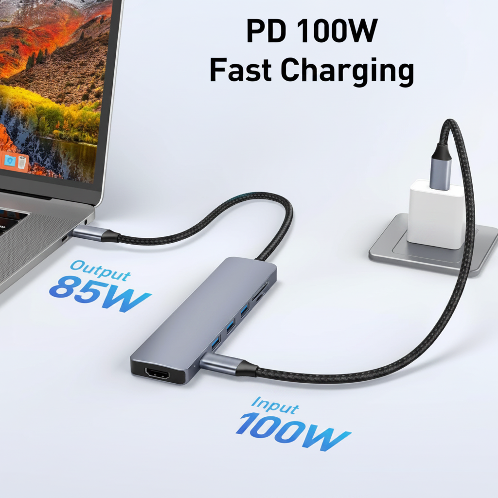 USB-C hub with laptop, displaying charging specifications on a white background