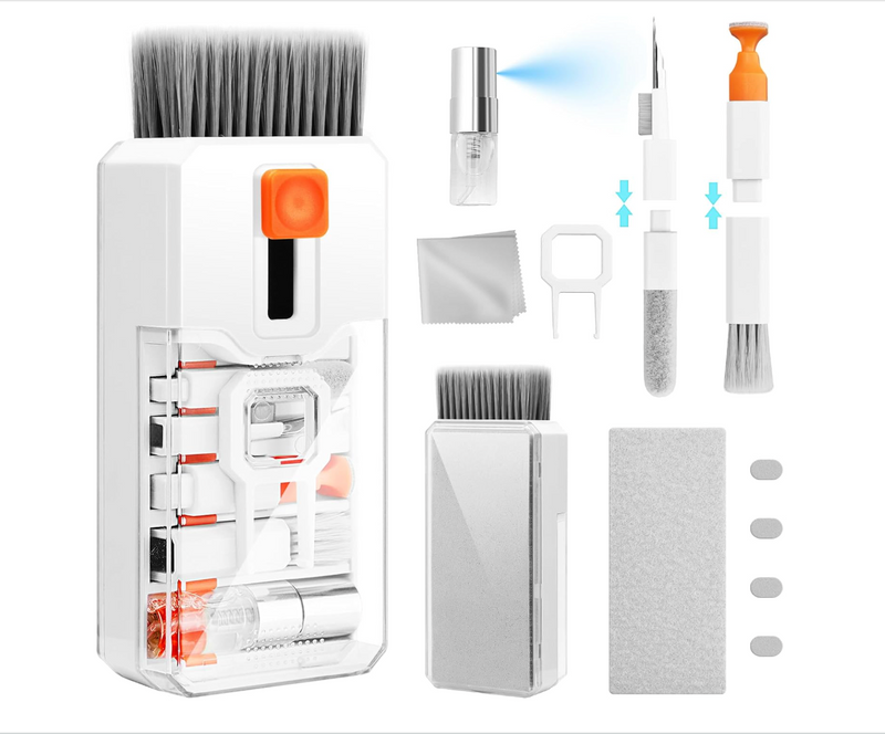 Collection of skincare tools and products on a white background