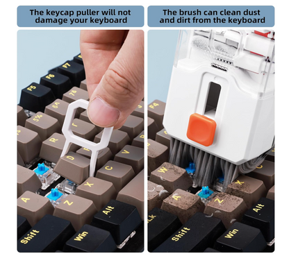 Keyboard cleaning tool with keycap puller and brush on a keyboard