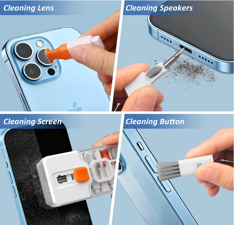 Set of tools for cleaning different parts of a smartphone.