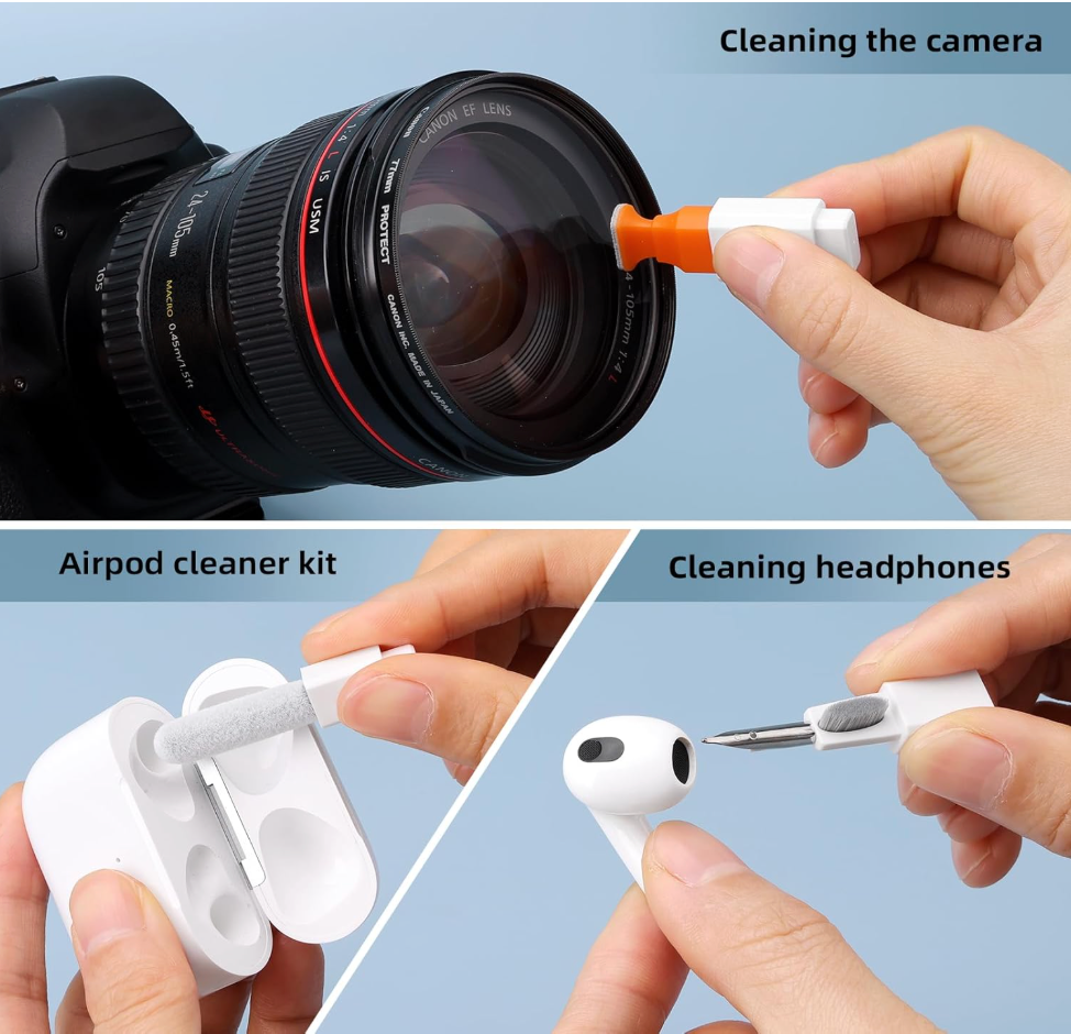 Three scenarios showing the use of a cleaning tool: cleaning a camera lens, an airpod cleaner kit, and cleaning headphones.