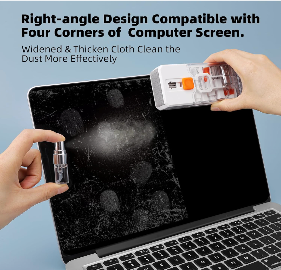 Laptop screen cleaning tool being used to clean a laptop screen with text about its design.