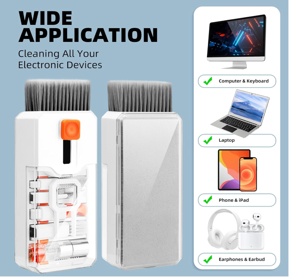 Electronic device cleaning brush set with application guide on a light blue background