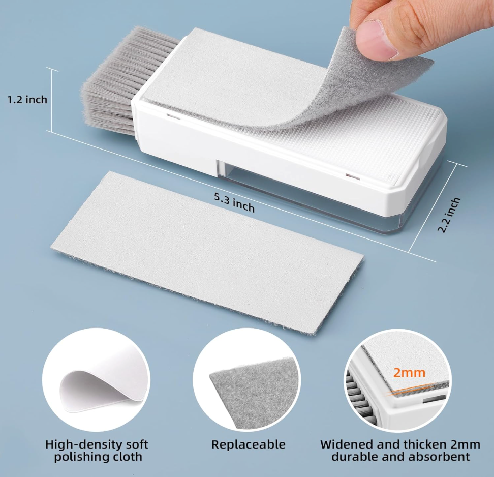 Cleaning tool with high-density soft polishing cloth, replaceable parts, and measurements on a blue background