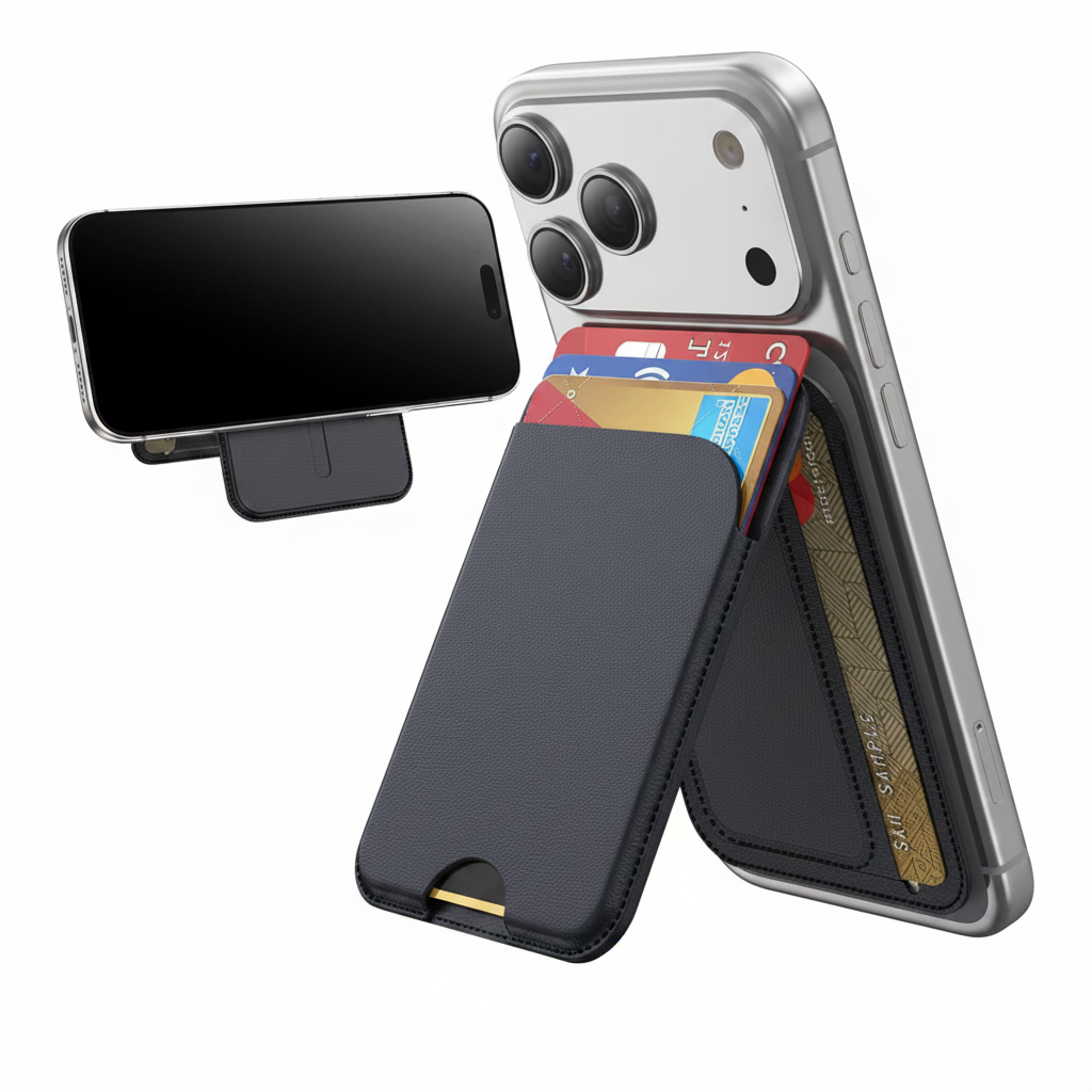 Phone case with 5-card holder attached to a smartphone on a white background