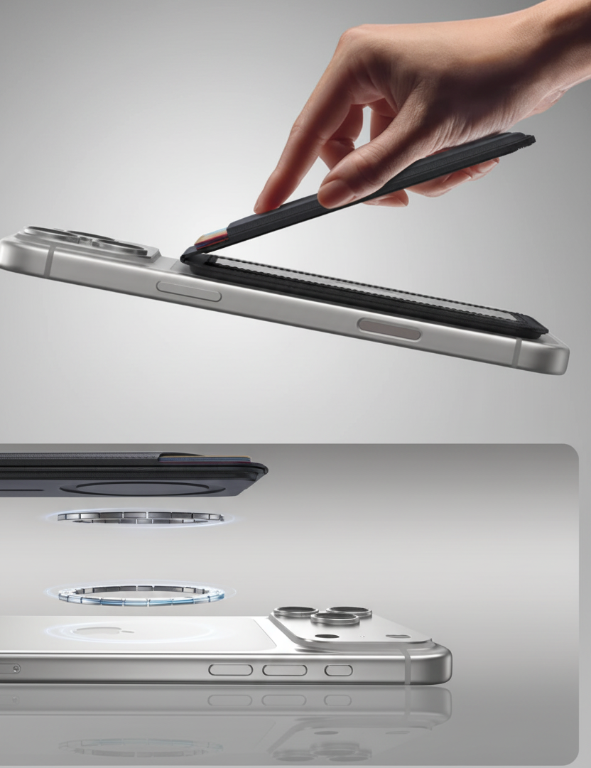 Smartphone with a magnetic lock feature, showing a hand interacting with it, on a gray background.