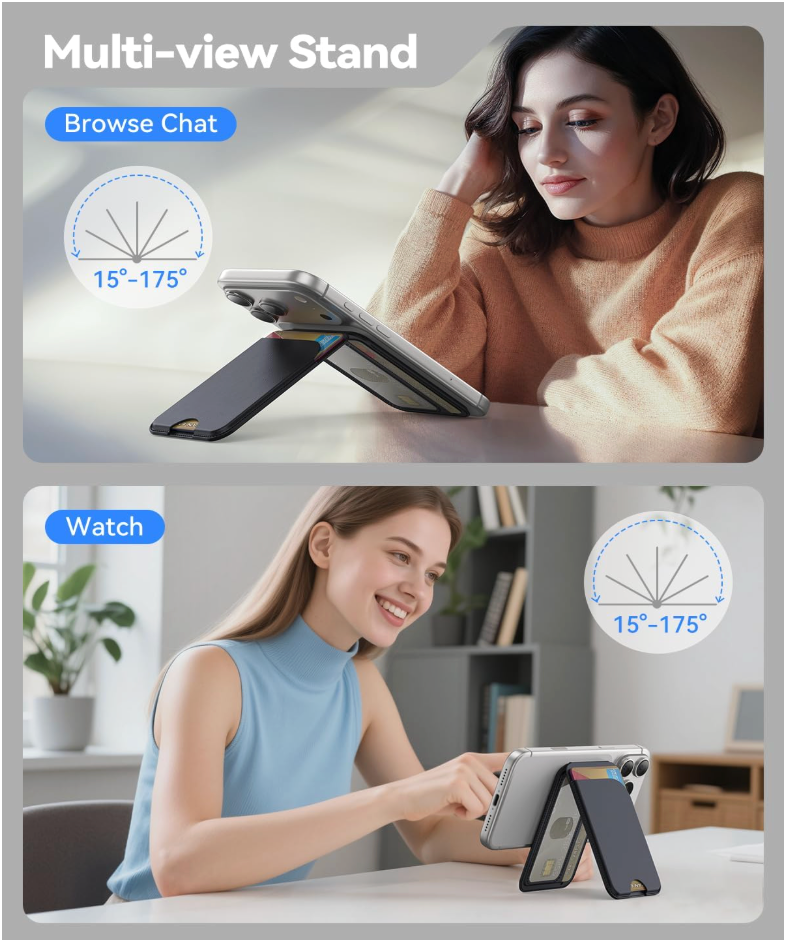 Multi-view stand product with two women using it for browsing chat and watching.