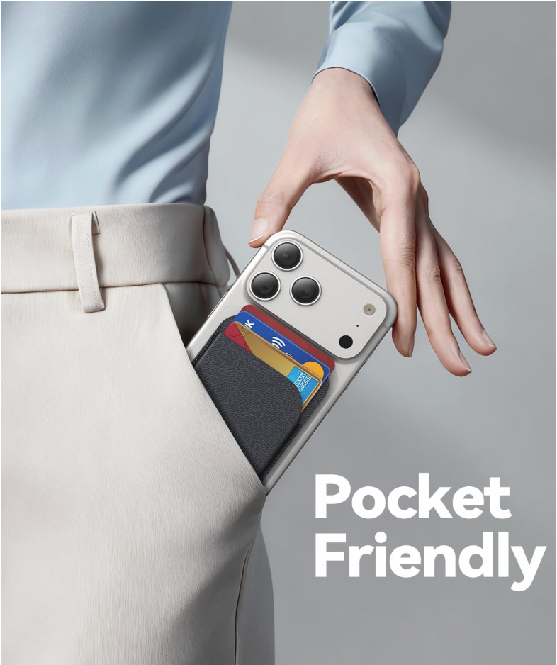 Person inserting a phone with a card holder into their pocket, with 'Pocket Friendly' text.