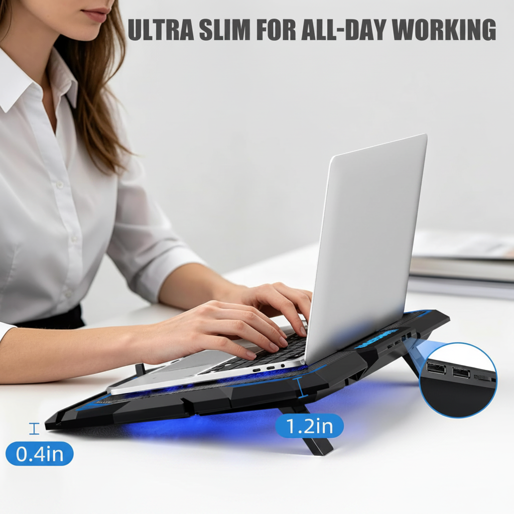 Ultra slim laptop cooling pad in use with MacBook – 0.4 inch profile for all-day working