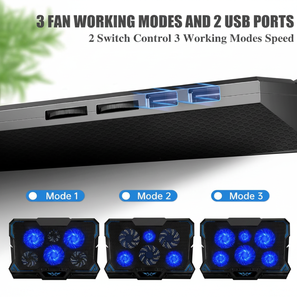 Laptop cooling pad with 3 fan speed modes and 2 USB pass-through ports