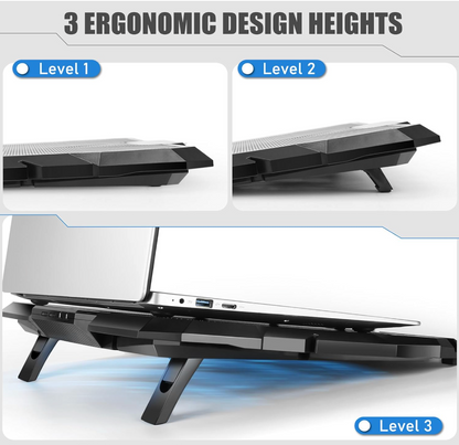 Laptop cooling pad with 3 ergonomic height adjustment levels for improved airflow