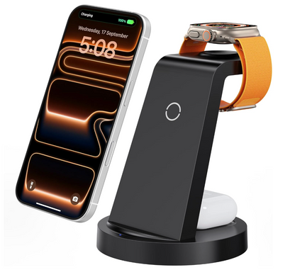 Black wireless charging stand with smartphone, smartwatch, and earbuds on a white background