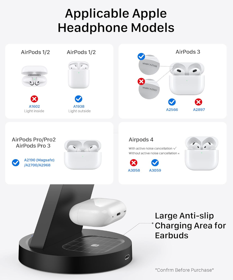 Charging stand with Apple AirPods models displayed on a white background